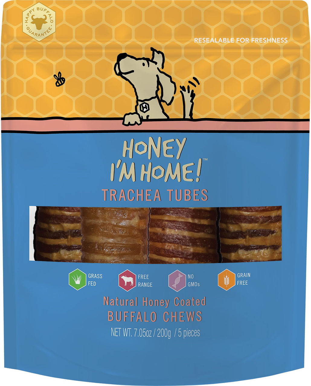 Honey I'm Home Trachea Tubes Natural Honey Coated Buffalo Chews, 5 Count