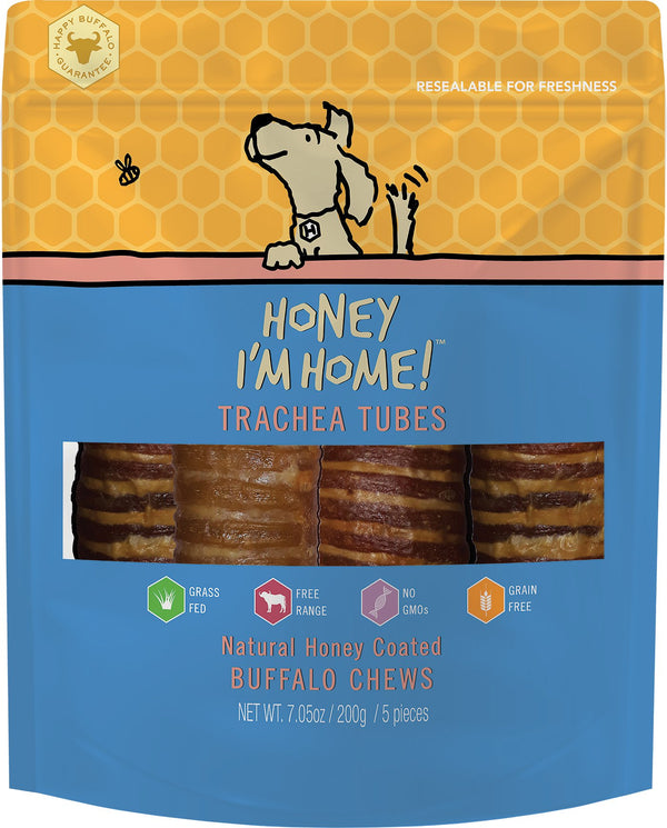 Honey I'm Home Trachea Tubes Natural Honey Coated Buffalo Chews, 5 Count