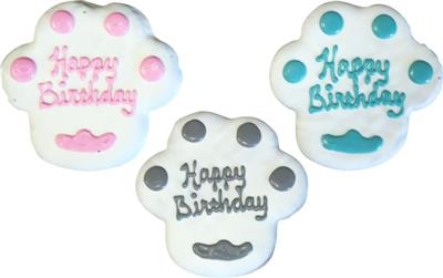 Preppy Puppy Iced Cookie - Happy Birthday Paw Print - white w/ grey/teal/pink writing