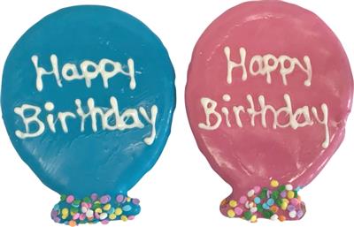 Preppy Puppy Iced Cookie - Happy Birthday Balloon - Blue/Pink w/ white writing & sprinkles